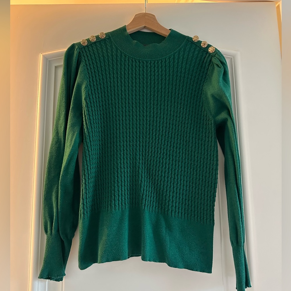 Adrianna Papell Long Sleeve Emerald Green Sweater with Buttons on Shoulder